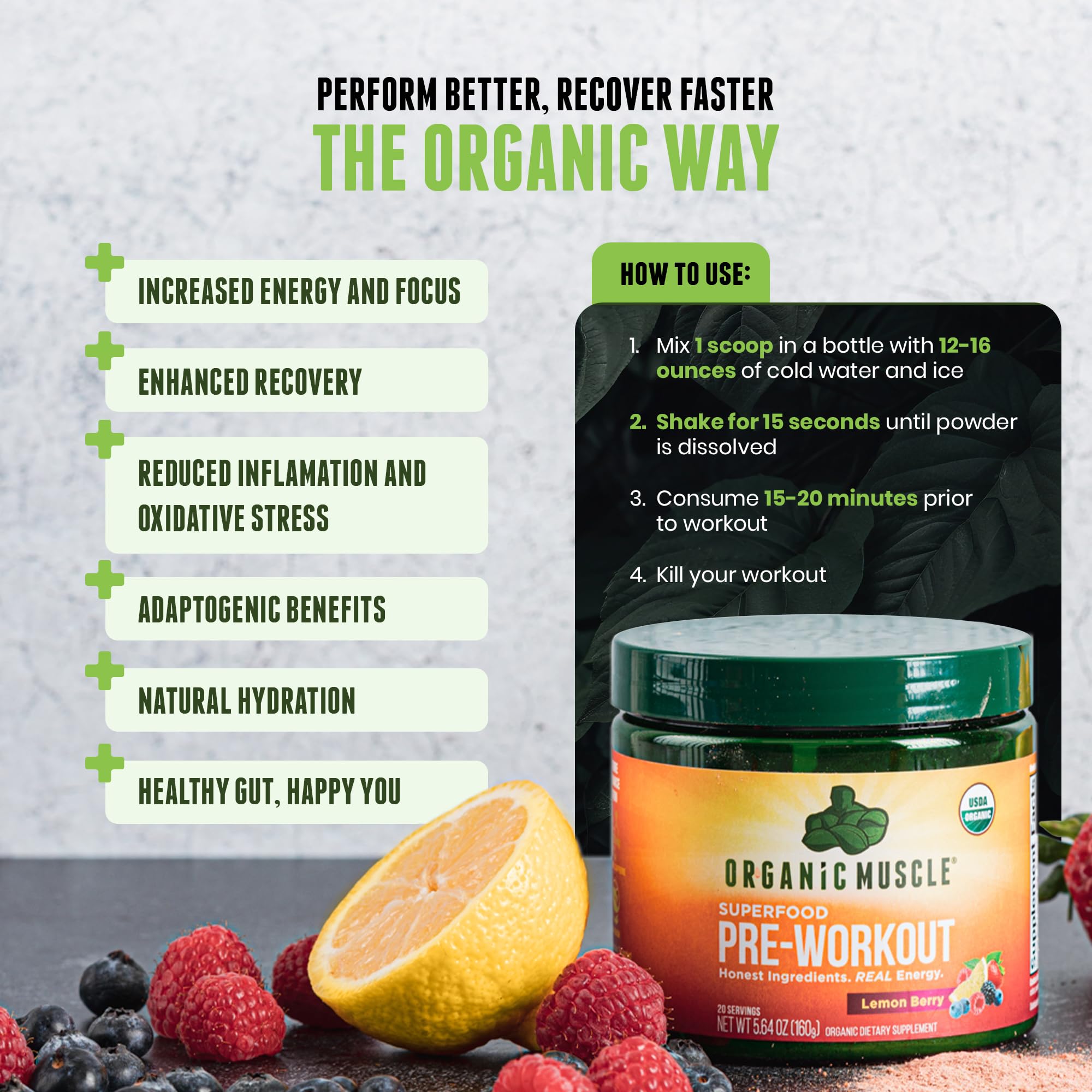 Scoop of Organic Muscle pre-workout beside a shaker promising quick, low-caffeine energy