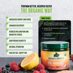 Scoop of Organic Muscle pre-workout beside a shaker promising quick, low-caffeine energy