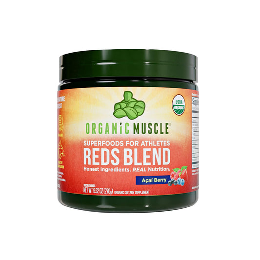 Organic Muscle Reds Powder tub front with caffeine-free energy branding