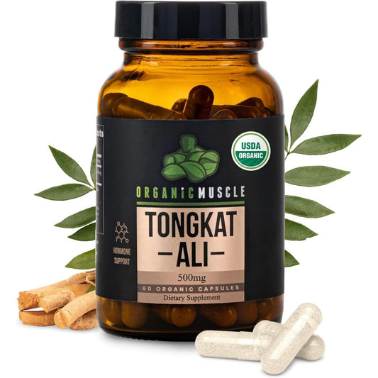 Organic Muscle Tongkat Ali bottle front view for energy support.