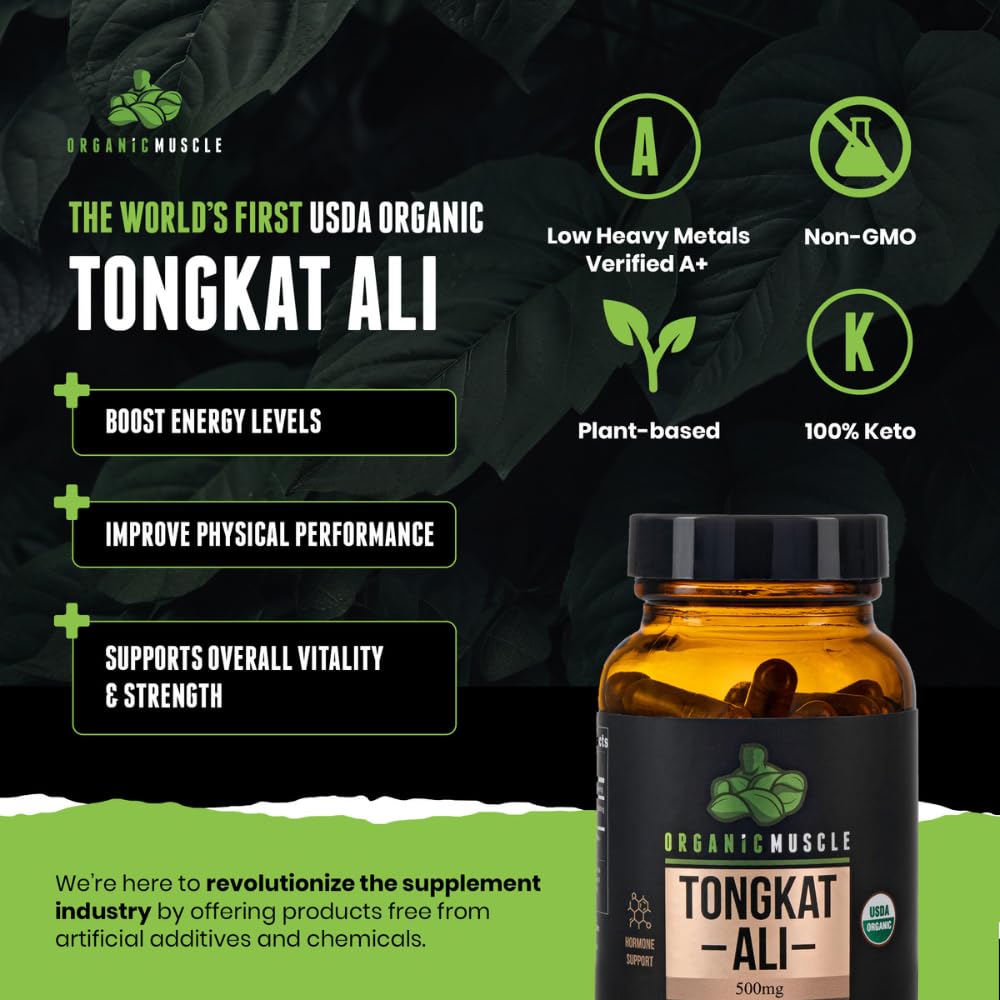 Organic Muscle Tongkat Ali capsules close-up indicating vitality support.