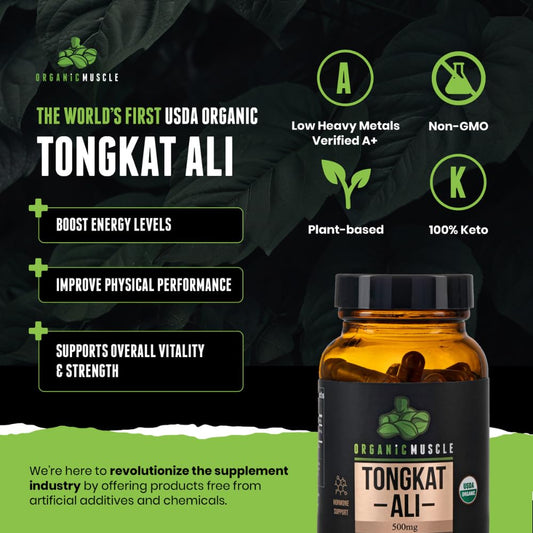 Organic Muscle Tongkat Ali capsules close-up indicating vitality support.