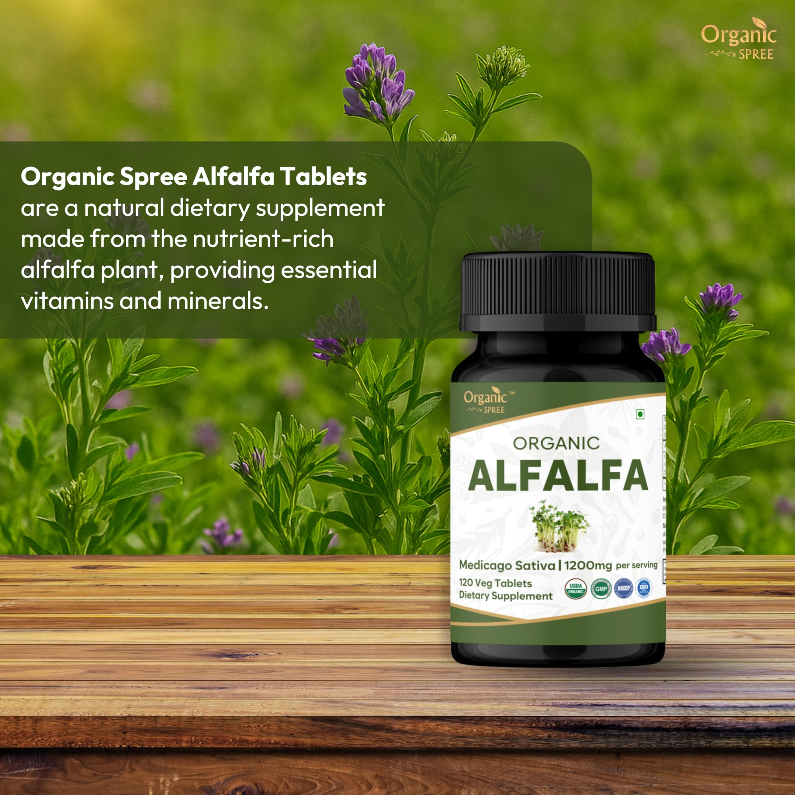 Organic Spree Alfalfa bottle back—USDA Organic certification and supplement details.