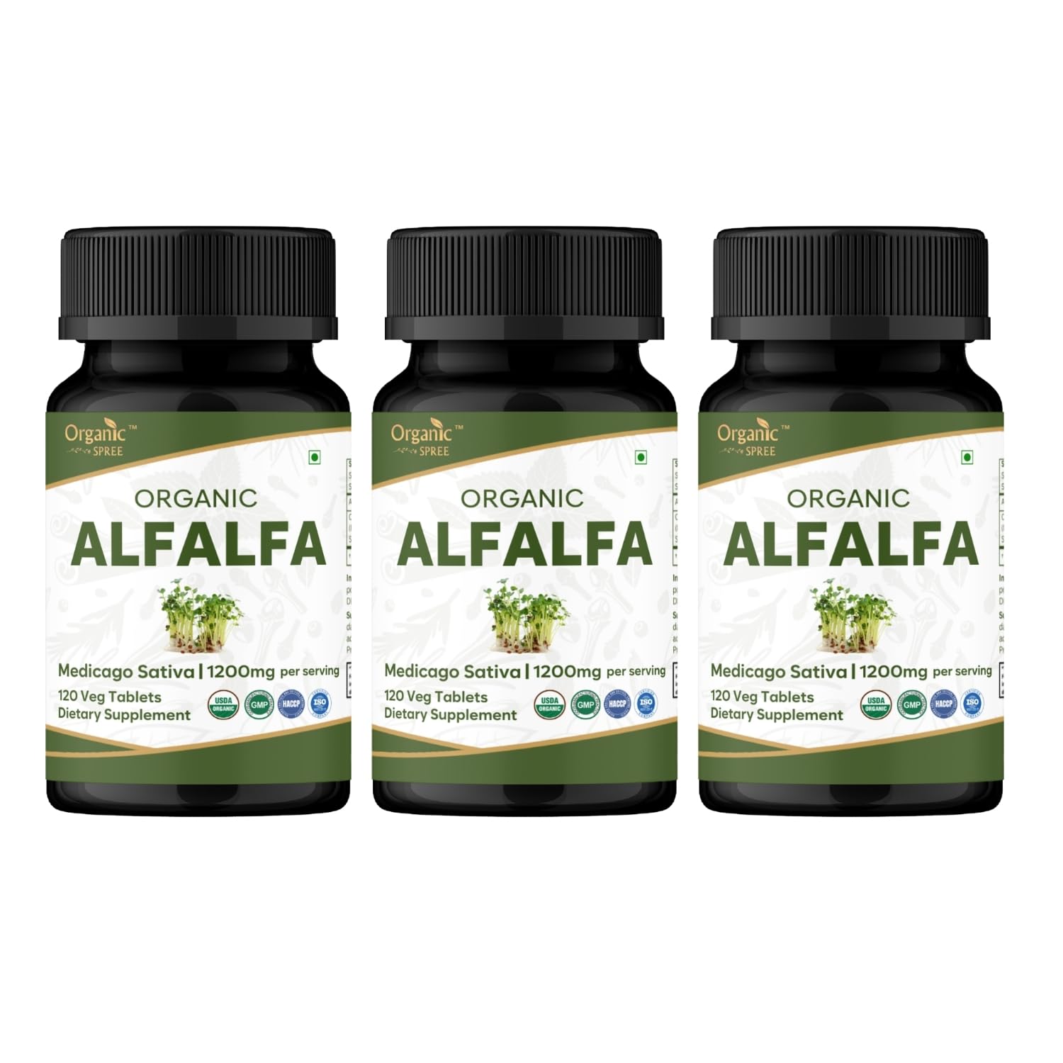 Organic Spree Alfalfa 120 tablets bottle front—daily wellness with organic plant-based nutrition.