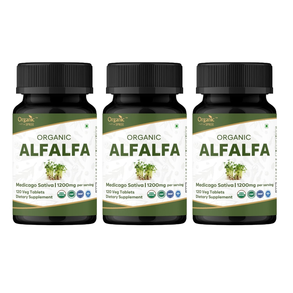 Organic Spree Alfalfa 120 tablets bottle front—daily wellness with organic plant-based nutrition.