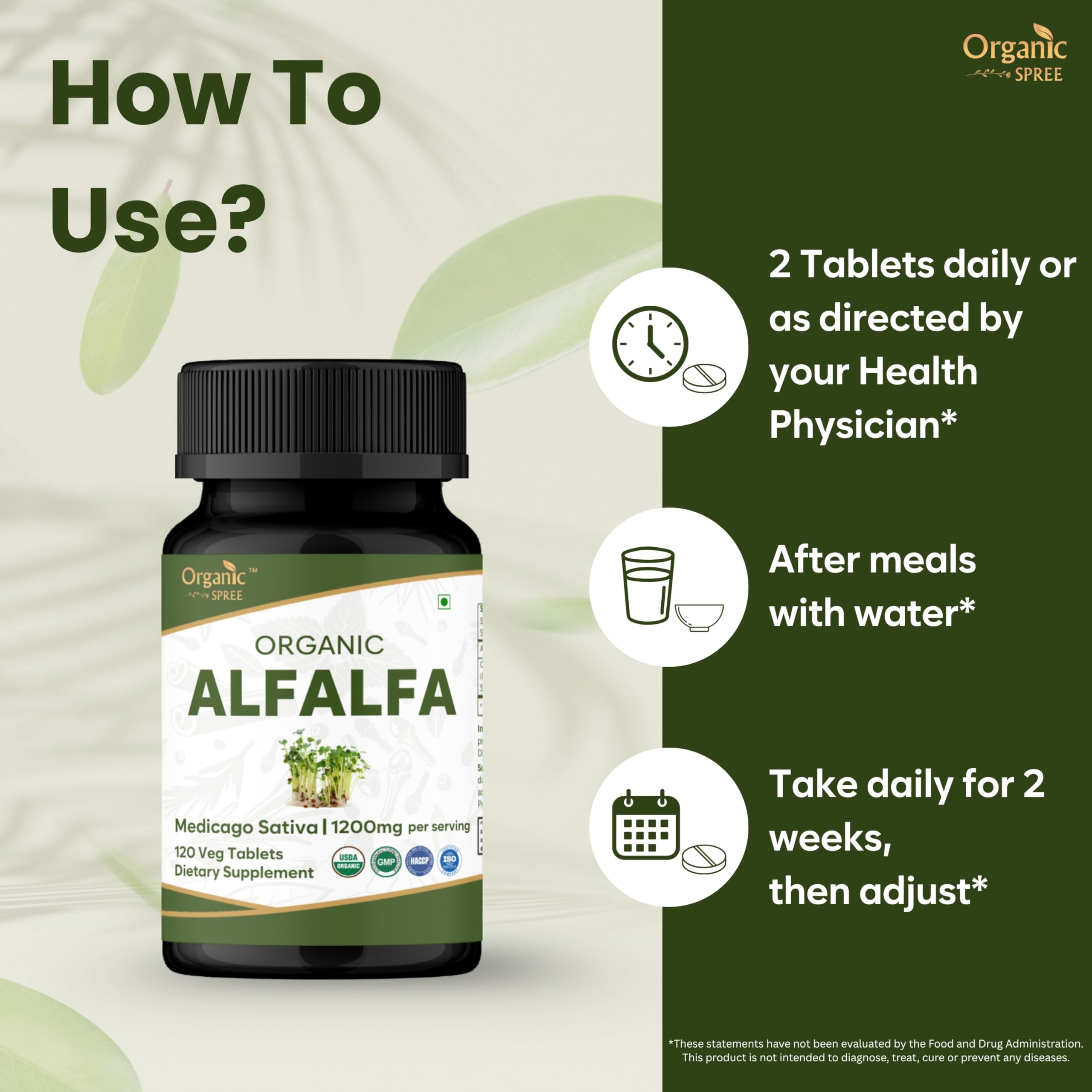 Organic Spree Alfalfa tablets close-up showing tablet texture and color.