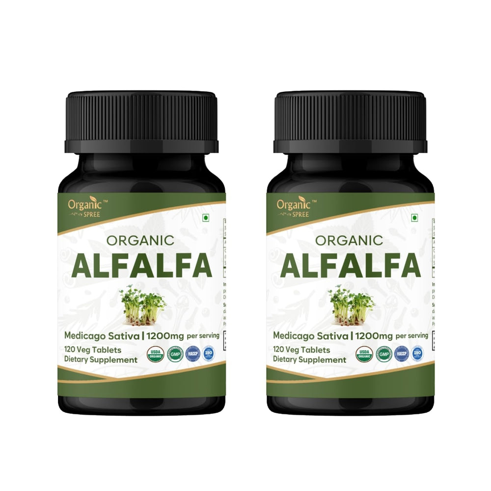 Organic Spree Alfalfa tablets in a jar front view, premium plant-based supplement.