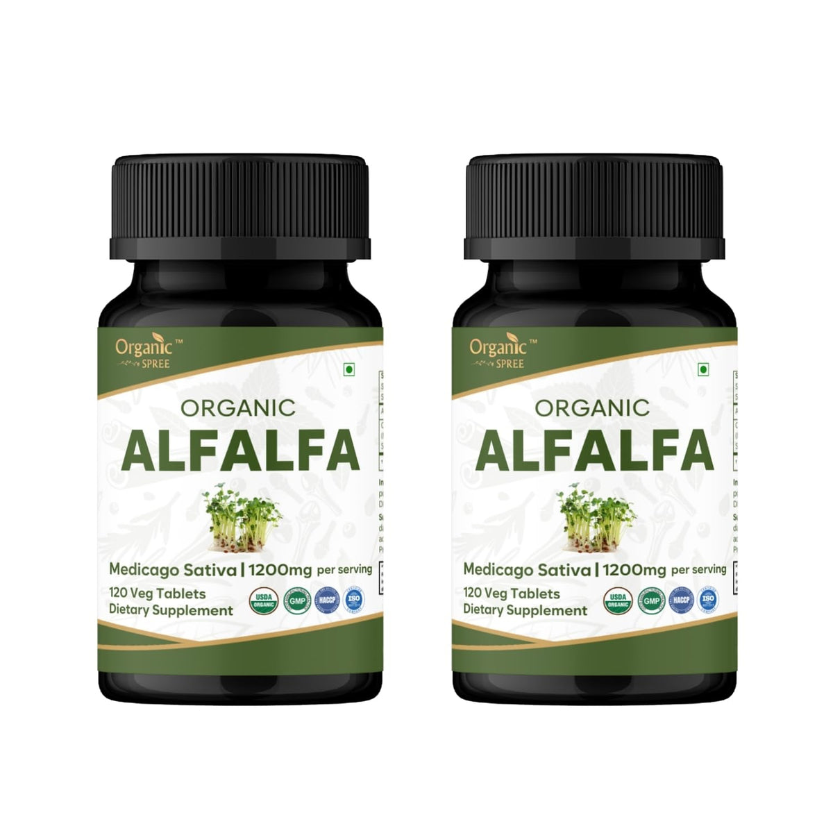 Organic Spree Alfalfa tablets in a jar front view, premium plant-based supplement.