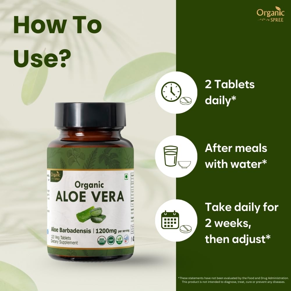 Front label of Organic Spree Aloe Vera tablets indicating dosage and use