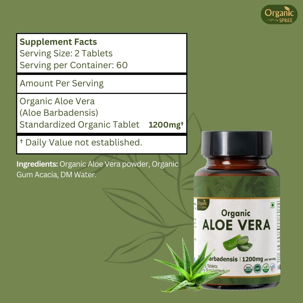 Organic Spree Aloe Vera Tablets ingredients closeup emphasizes plant-based Aloe Vera source