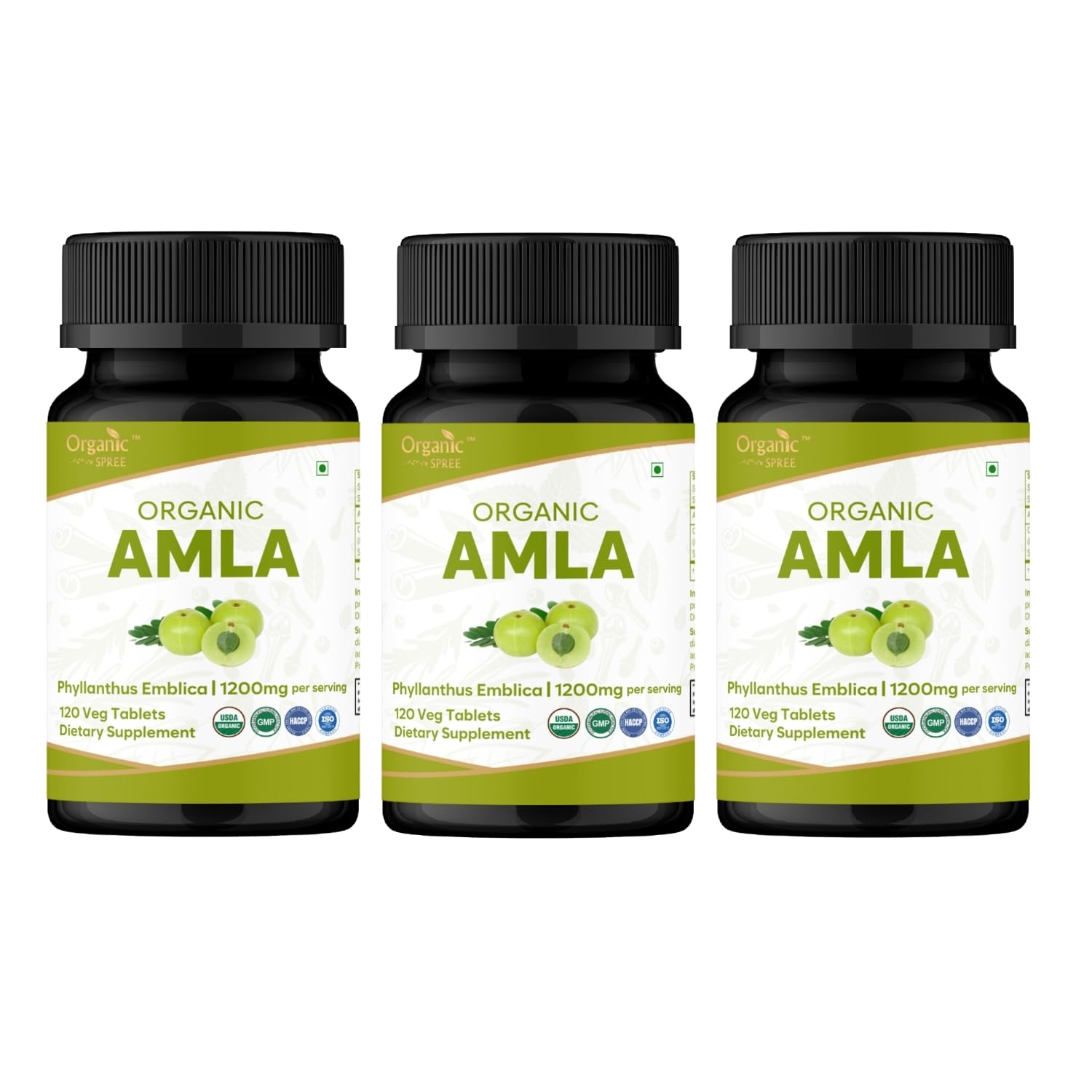 Organic Spree Amla tablets bottle front displays USDA Organic seal for immune support potential.