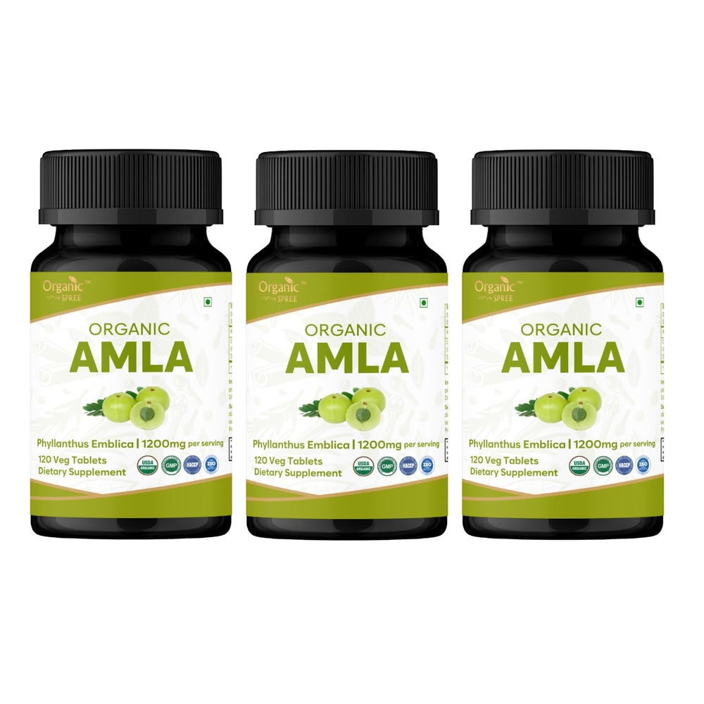 Organic Spree Amla tablets bottle front displays USDA Organic seal for immune support potential.