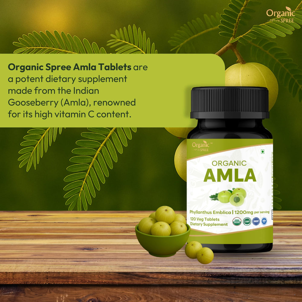 Organic Spree Amla tablets close-up reveals tablets, highlighting vitamin C content.