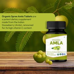 Organic Spree Amla tablets close-up reveals tablets, highlighting vitamin C content.