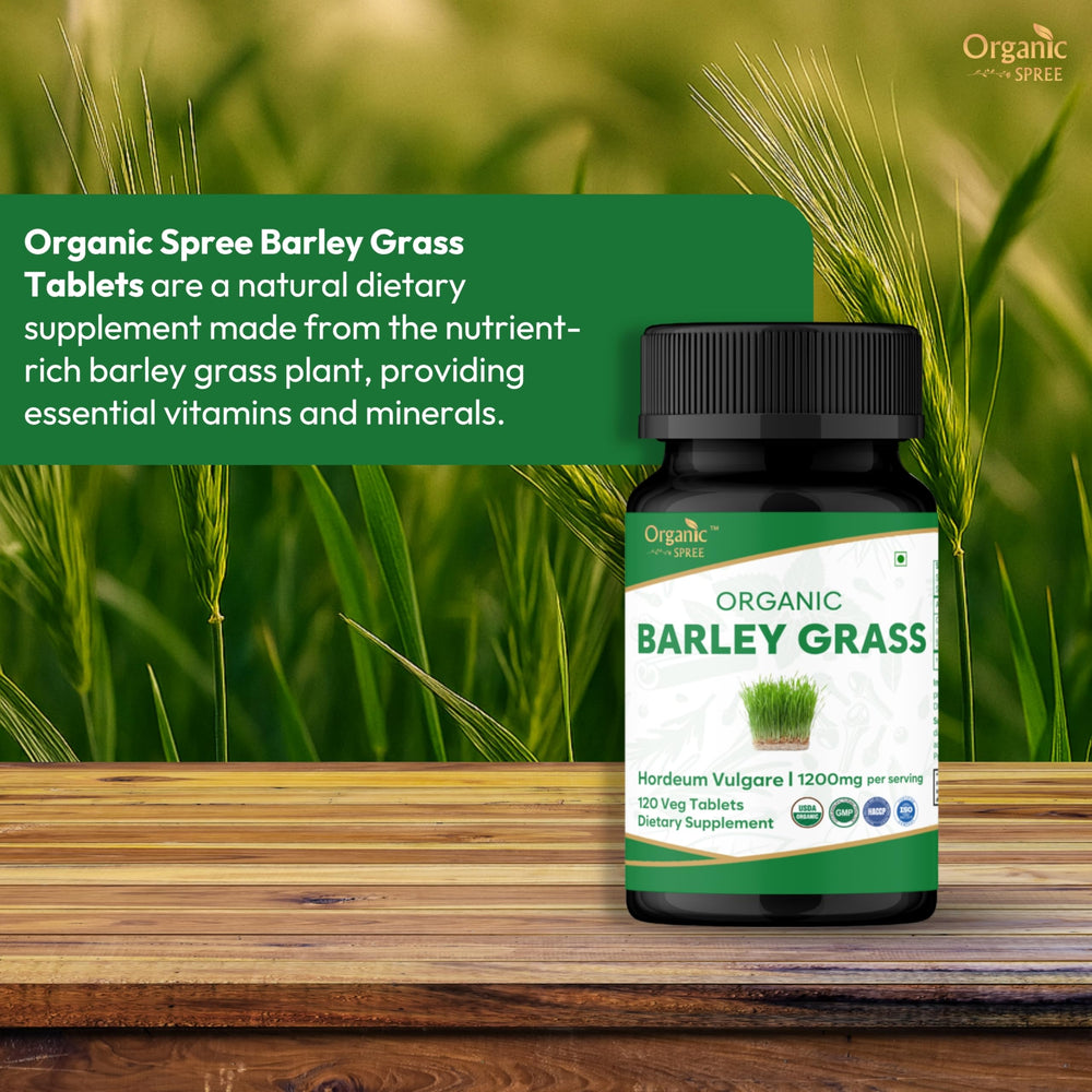 Close-up of Organic Spree barley grass bottle showing trusted organic quality.