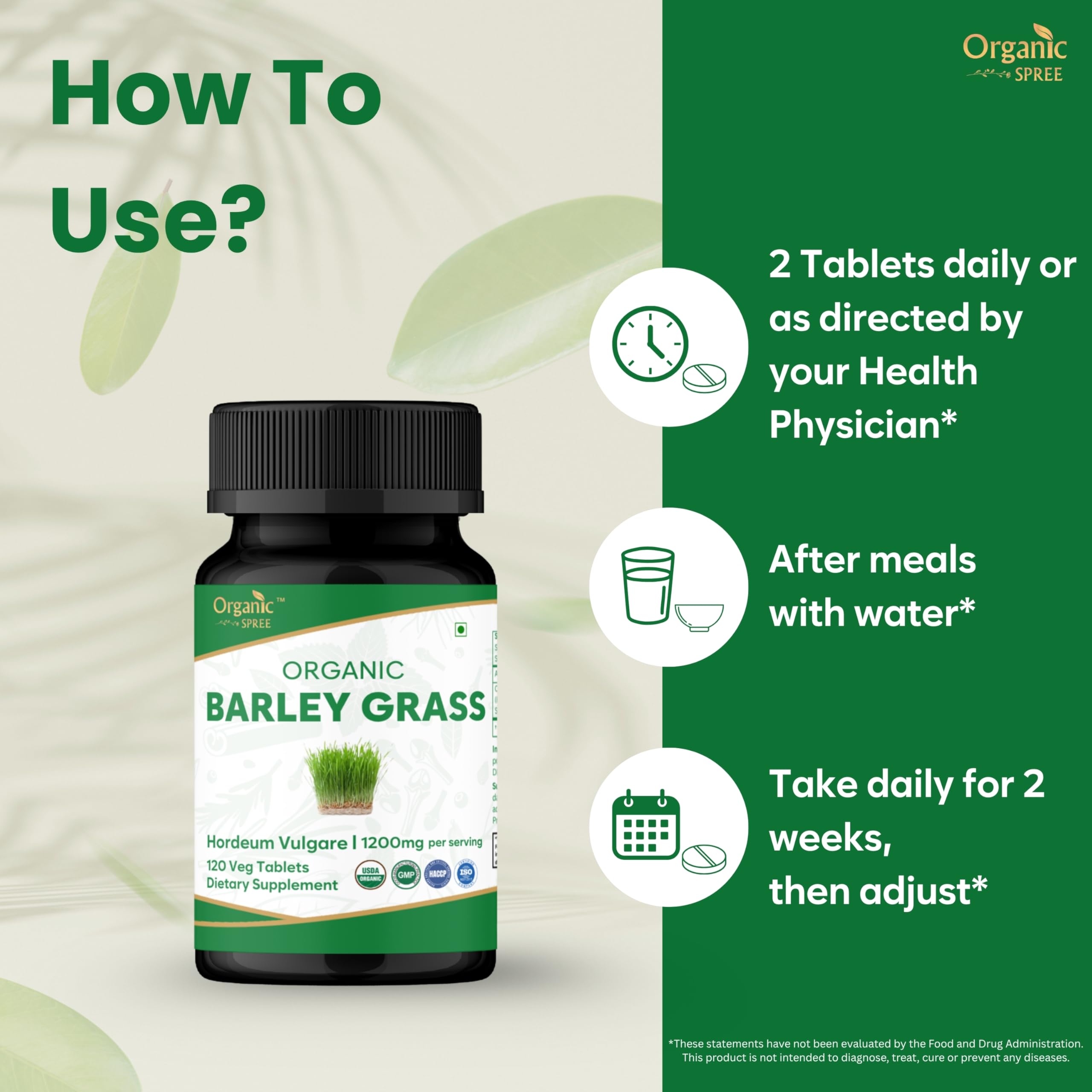 Organic Spree Barley Grass Tablets pouring into hand suggests easy daily dosage