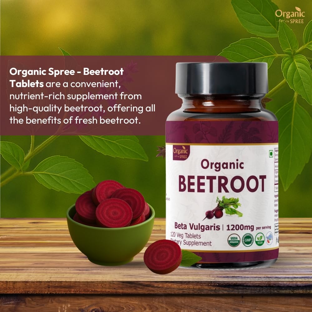 Close-up of Organic Spree Beetroot Tablets label with organic certification and vegan info