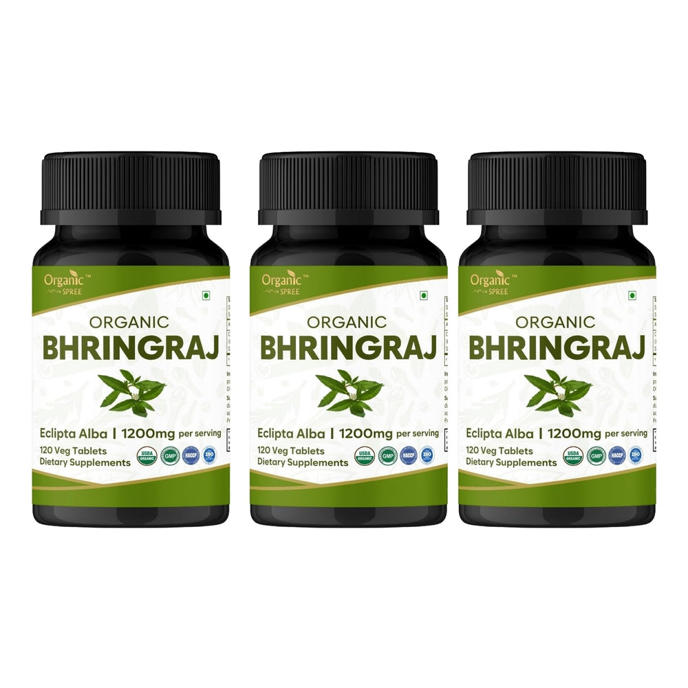 Organic Spree Bhringraj tablets bottle shows premium hair care support