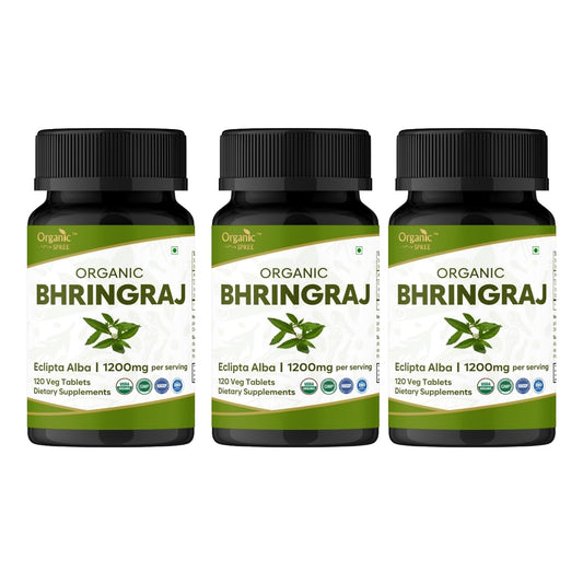 Organic Spree Bhringraj tablets bottle shows premium hair care support
