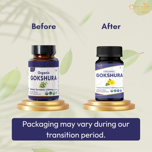 Organic Spree Gokshura bottle label closeup highlights USDA Organic certification and purity.