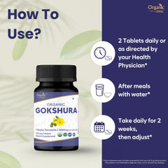 Organic Spree Gokshura tablets on white background suggest convenient daily supplementation.