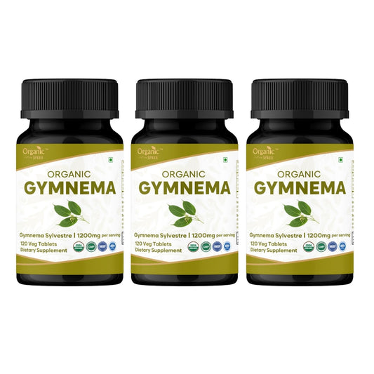 Organic Spree Gymnema 120 tablets in a 3-pack bottle suggesting metabolic balance.