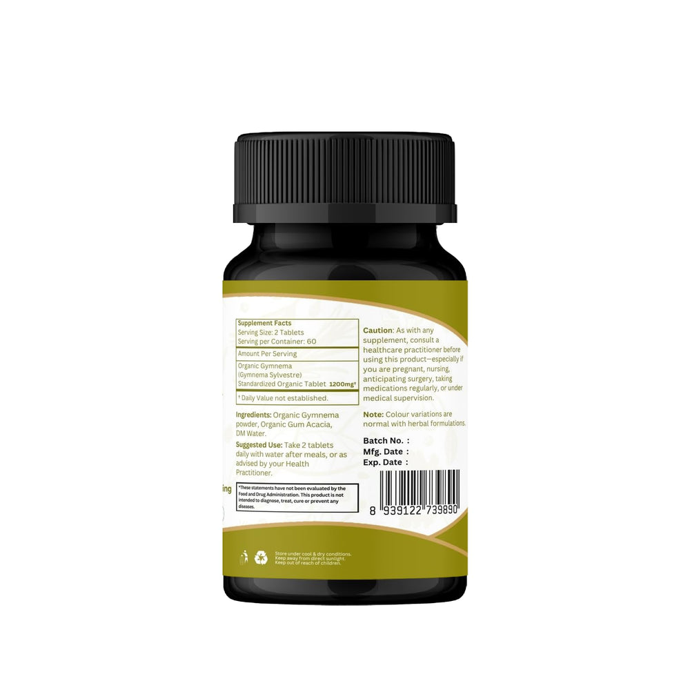 Bottle with pour-spout of Organic Spree Gymnema Tablets for controlled daily dosing.