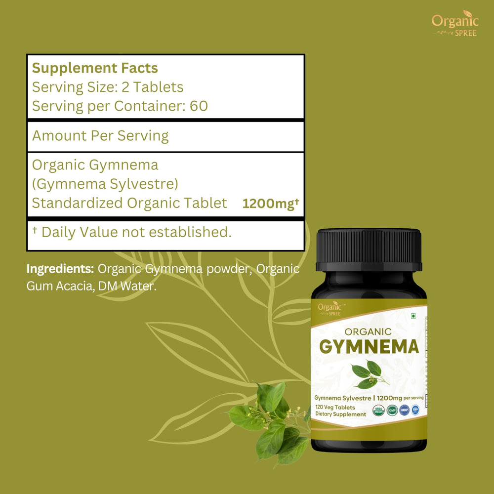 Ingredients panel on Organic Spree Gymnema Tablets emphasizing vegan, natural formula.