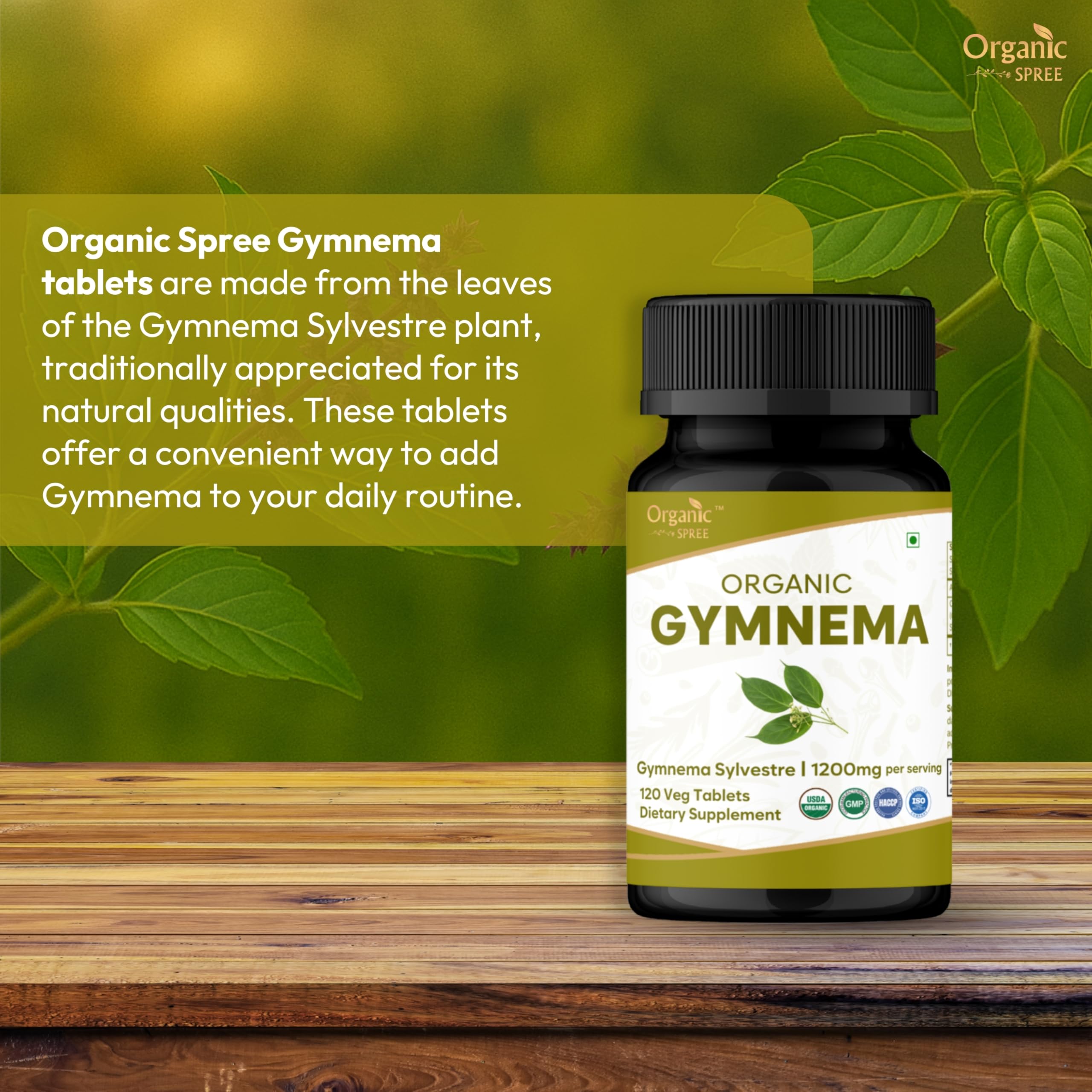 Label closeup of Organic Spree Gymnema Tablets highlighting organic ingredients for clean support.