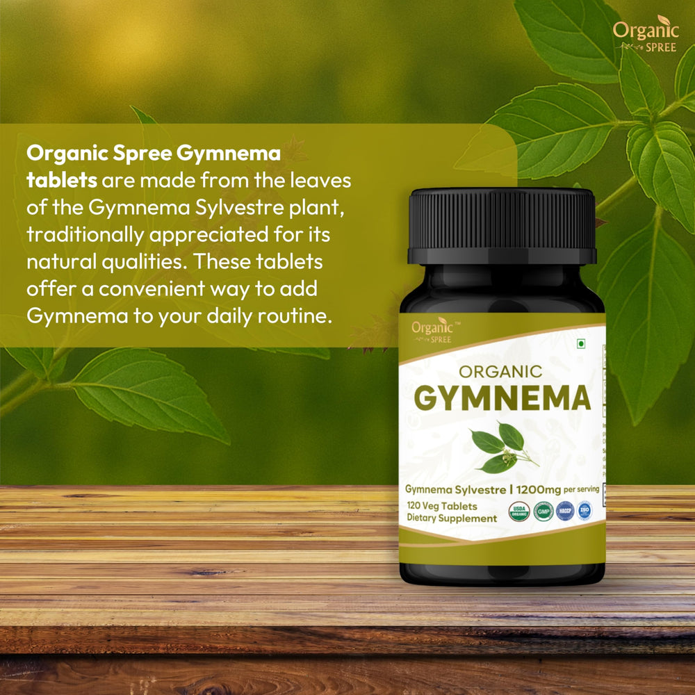 Label closeup of Organic Spree Gymnema Tablets highlighting organic ingredients for clean support.