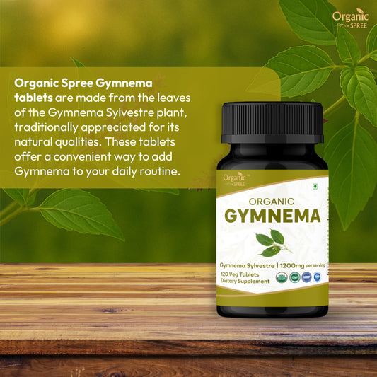 Label closeup of Organic Spree Gymnema Tablets highlighting organic ingredients for clean support.
