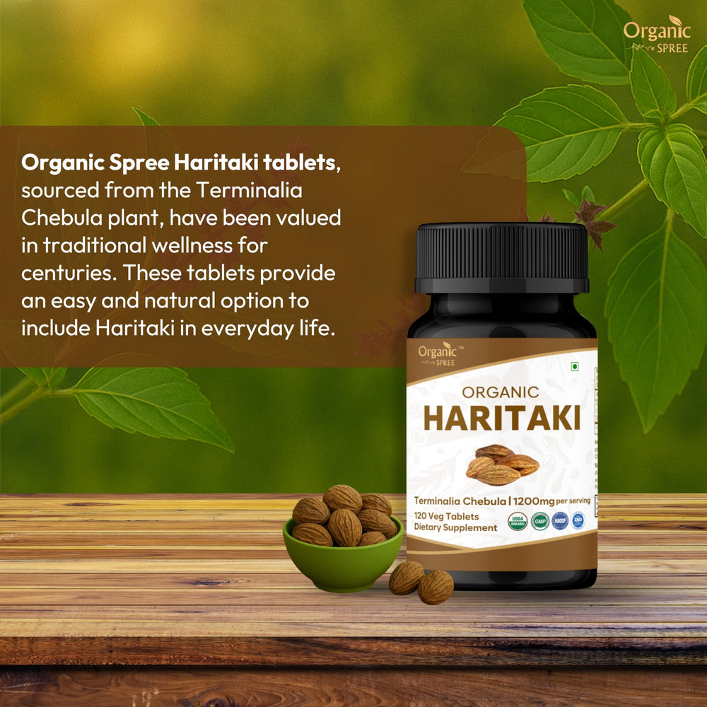 Closeup of Organic Spree Haritaki tablets showing natural texture and compact shape.