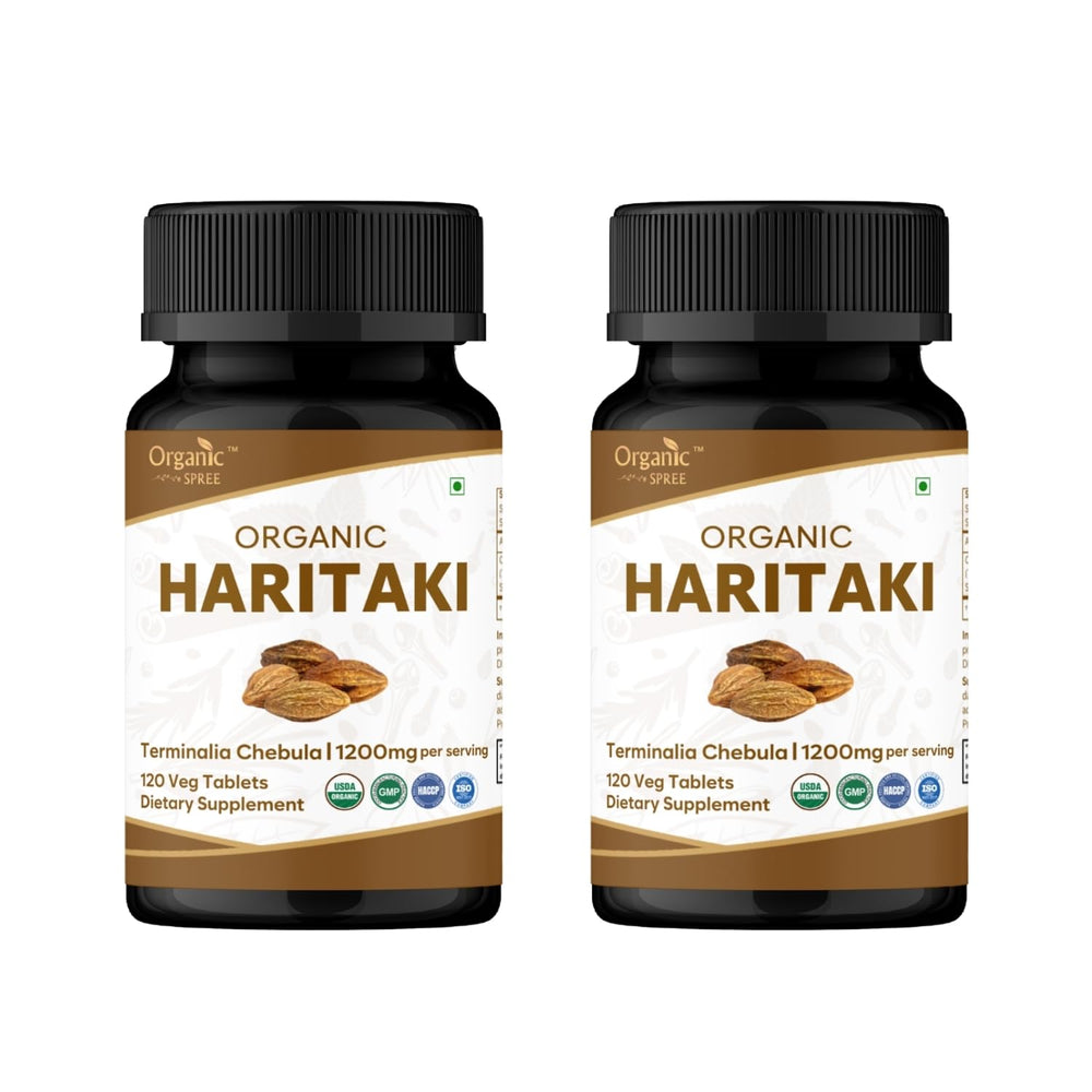 Organic Spree Haritaki tablets pack-2 on white background, easy daily use.
