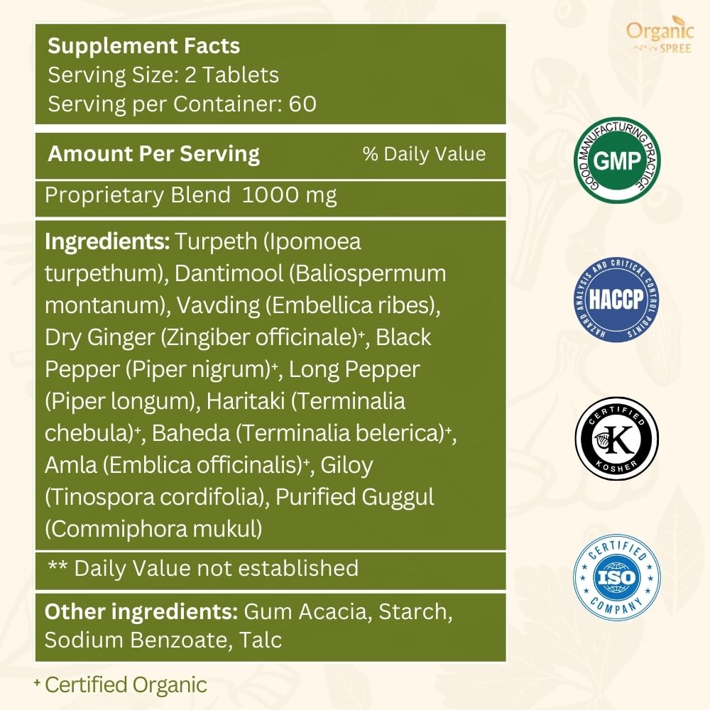 Organic Spree Kaishor Guggulu bottle label highlighting Ayurvedic formulation