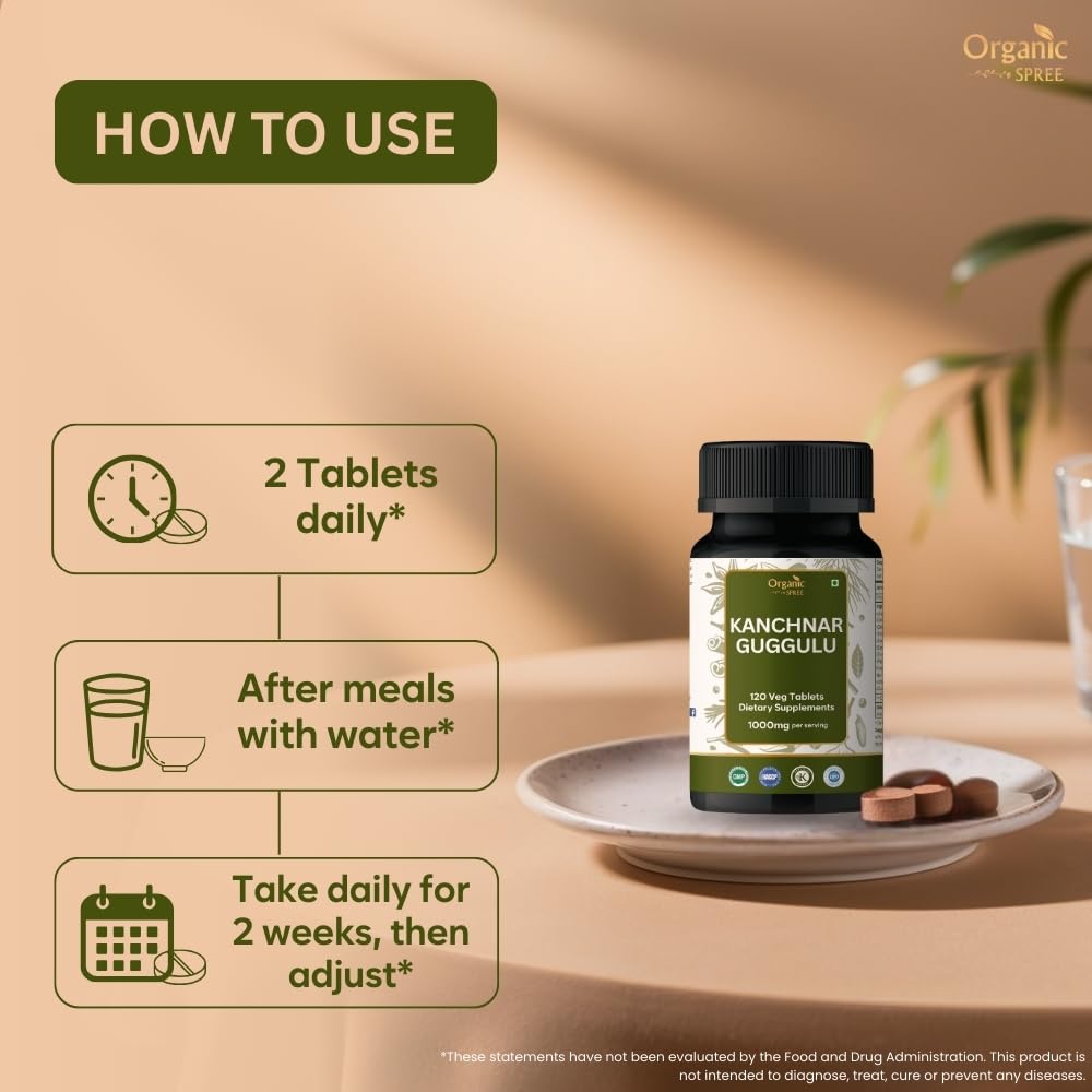 ORGANIC SPREE Kanchnar Guggulu ingredients feature Triphala and bark blend.