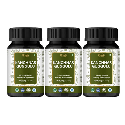 ORGANIC SPREE Kanchnar Guggulu bottle label highlights detox support potential.