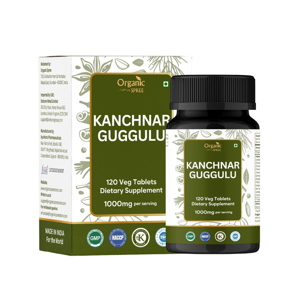 Organic Spree Kanchnar Guggulu tablets bottle suggests detox support from a herbal blend.