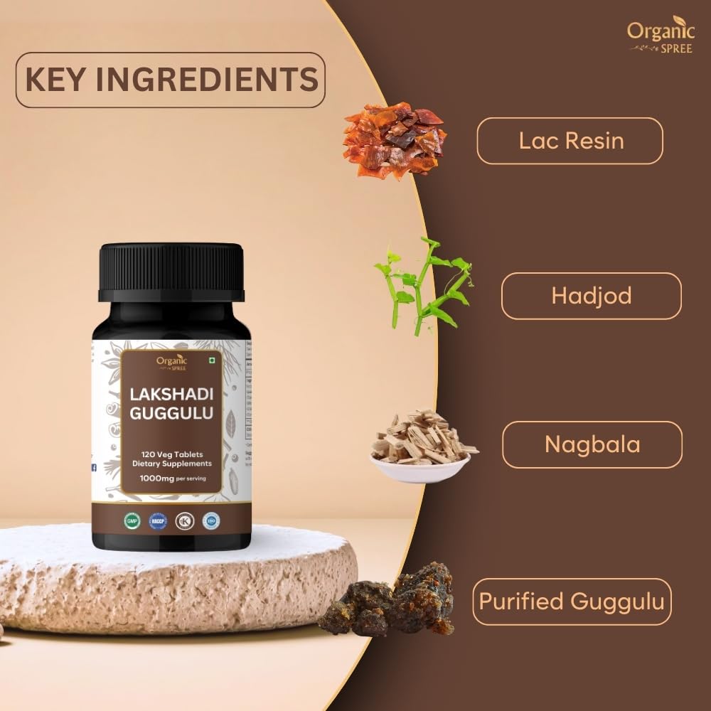 Bottle closeup of Organic Spree Lakshadi Guggulu for daily joint care.
