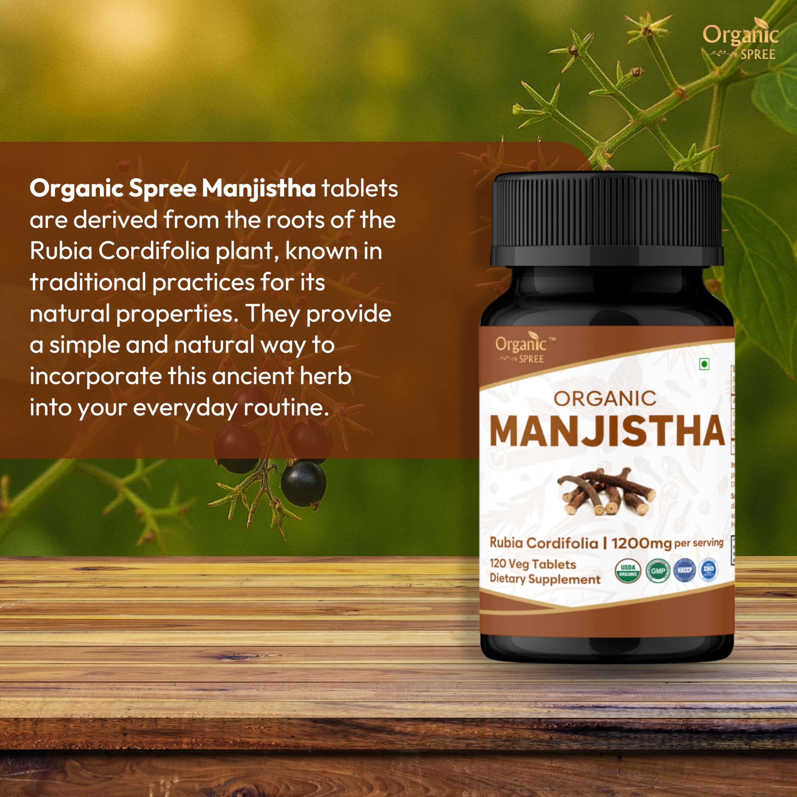 Organic Spree Manjistha tablets close-up reveals small, smooth capsules for easy swallowing