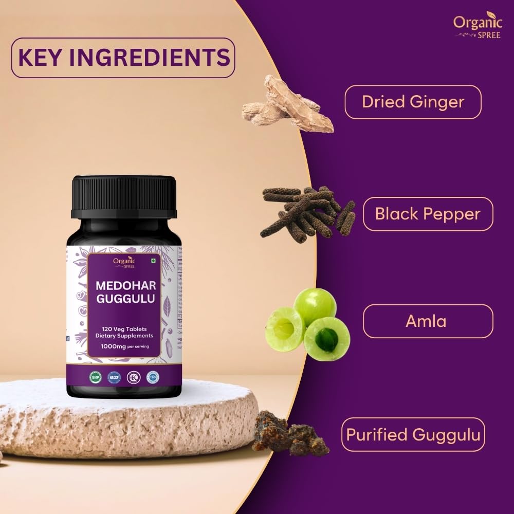 Organic Spree Medohar Guggulu tablets closeup, vegetarian formula for daily wellness