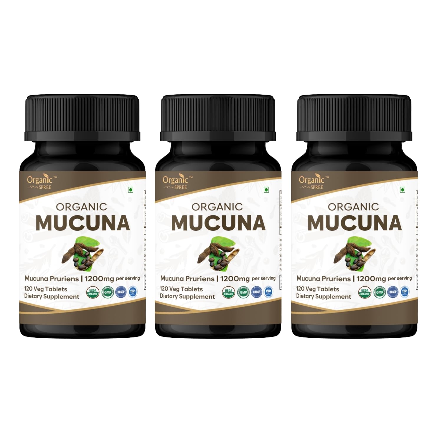 Organic Spree Mucuna tablets bottle close-up highlighting premium organic ingredients for daily wellness routines.