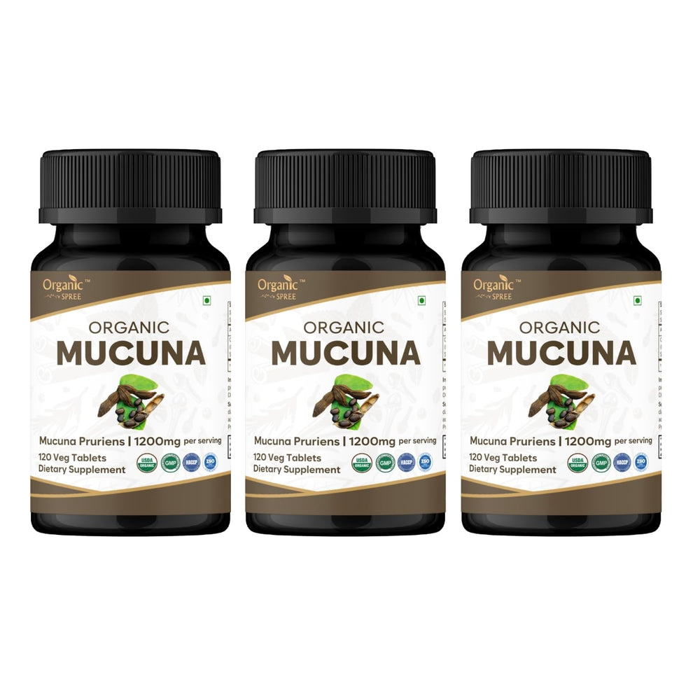 Organic Spree Mucuna tablets bottle close-up highlighting premium organic ingredients for daily wellness routines.