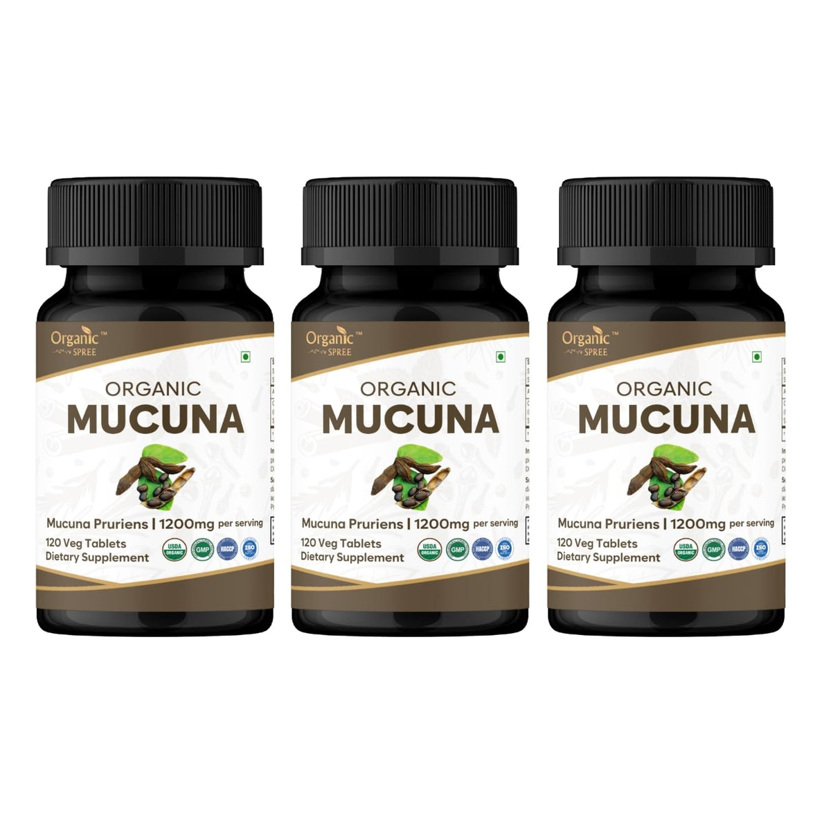 Organic Spree Mucuna tablets bottle close-up highlighting premium organic ingredients for daily wellness routines.