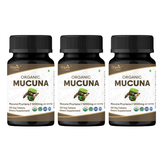 Organic Spree Mucuna tablets bottle close-up highlighting premium organic ingredients for daily wellness routines.