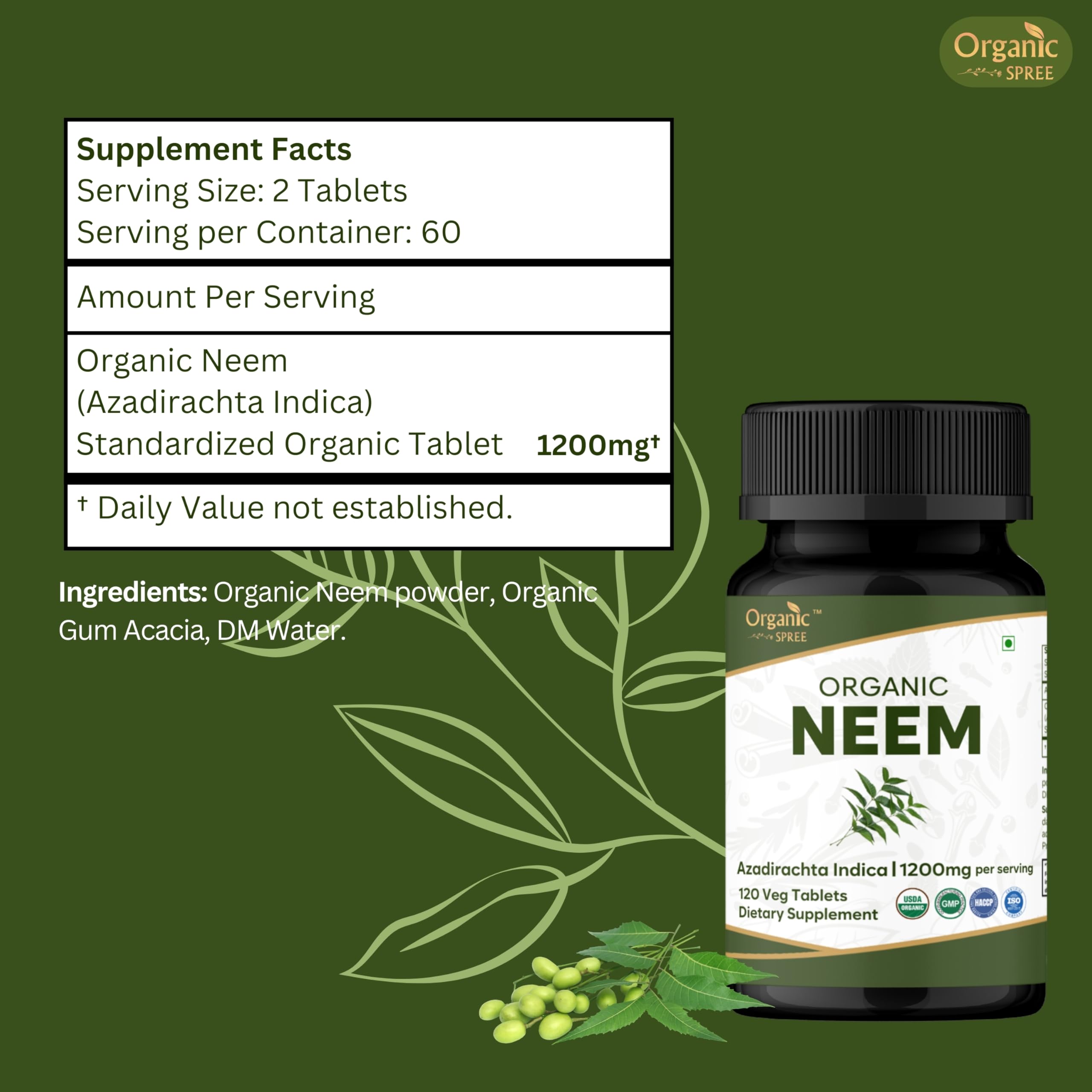 Organic Spree Neem tablets pour image suggests easy daily dosage