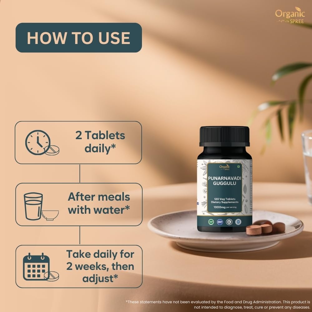 Organic Spree Punarnavadi Guggulu bottle under soft light for daily routine.