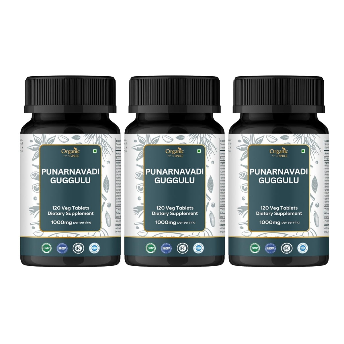 Organic Spree Punarnavadi Guggulu tablets bottle front, hinting at kidney and joint support.