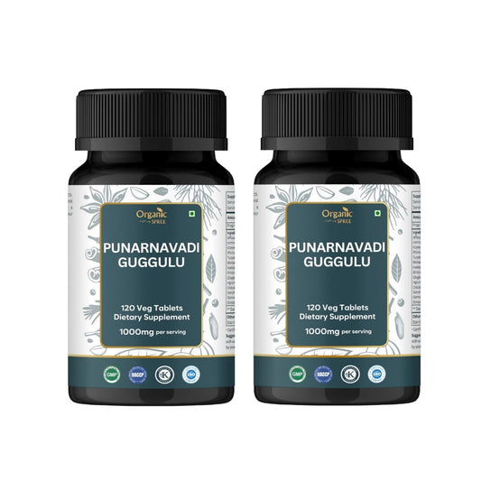 Organic Spree Punarnavadi Guggulu tablets bottle, vegetarian formulation for urinary health.