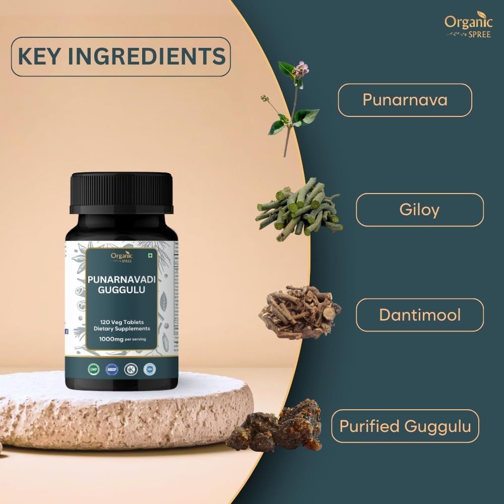 Closeup of Organic Spree Punarnavadi Guggulu tablets showing texture for daily use.