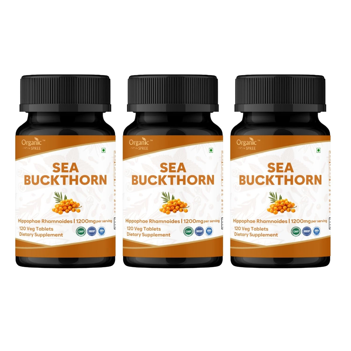 Organic Spree Sea Buckthorn tablets bottle front view for antioxidant support